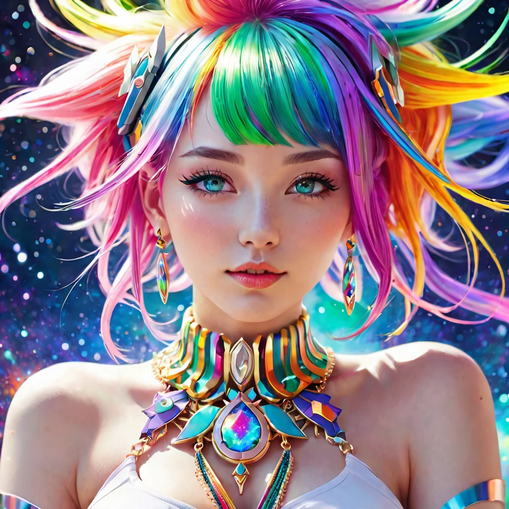 Close-up of a woman with colorful hair and necklace, anime girl with cosmic hair, Rossdraws' soft vitality, Gouvez style artwork, fantasy art style, colorful], vibrant fantasy style, Rossdraws cartoon full of vitality, cosmic and colorful, Guweiz, colorful digital fantasy art, stunning art style, beautiful anime style, white skin, subtle