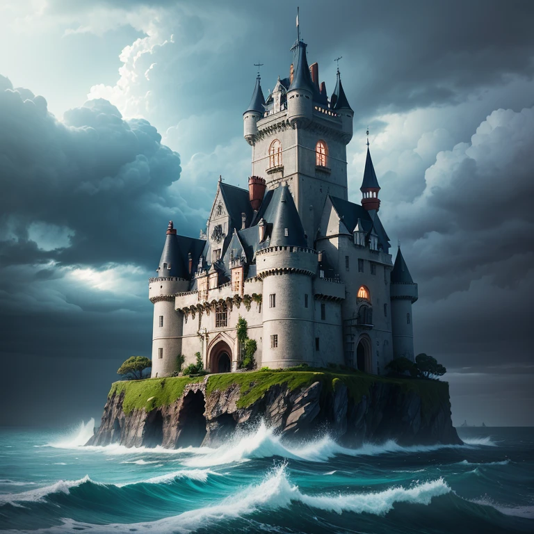 Island in ocean with dark fantasy old castle with thunderstorm falling on the castle 