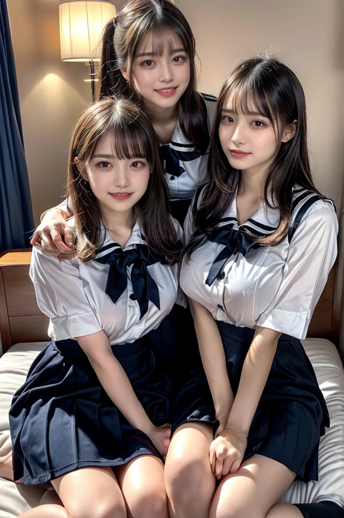 ((Four schoolgirls sitting on bed,Sit across from me,Look at me affectionately fascinated、Enraptured look,Trance,Everyone sees the camera perfectly,1 beautiful girl who is half Spanish,a blond,Brown hair,A dark-haired,photoRealstic,Luxury hotel bed taken from the lap,Same uniform,japanese,4 schoolgirls,Play with each other,Touching each other's bodies,Touching the body of the girl next door,4 Close contact,Very hilarious pose)),(Navy blue skirt in a sailor suit、Red ribbon and white shirt,Same ,large full breasts,very huge round breasts,Beautiful makeup,glitter makeup,Cutest 18 years old)),((Realistic lighting,during daytime,The background is a luxury hotel room,A detailed face,perfect teeth,White teeth,finerly detailed face,Beautiful face,an ecstatic look on one's face,Perfect fingers,Accurate 5 fingers,high-definition RAW color photography, professional photograpy, extremely delicate and beautiful, Extremely detailed,finely detail, Huge file size,Top image quality,8K))