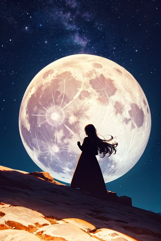 highest quality,Big moon and shadow,A silhouette of a person can be seen against the backdrop of a large moon.,There is one full moon,There is a mood,Beautiful scenery,Starry Sky