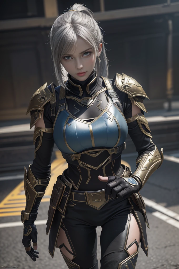 Game Art,Best picture quality,Maximum resolution,8K,(A bust photo),(portrait:1.5),(Head close-up),(Rule of Thirds),Unreal Engine 5 rendering works, (Future女孩),(Female Warrior),
20-year-old girl,Eyes full of details,(Large Breasts),Elegant and noble,indifferent,brave,
(A futuristic combat suit that combines the characteristics of ancient armor,Rune of Light,Rich in details、Metallic combat accessories),Future,Cyberpunk Characters,
Photo poses,Simple background,light,Ray Tracing,Game CG,((3D Unreal Engine)),oc rendering reflection pattern