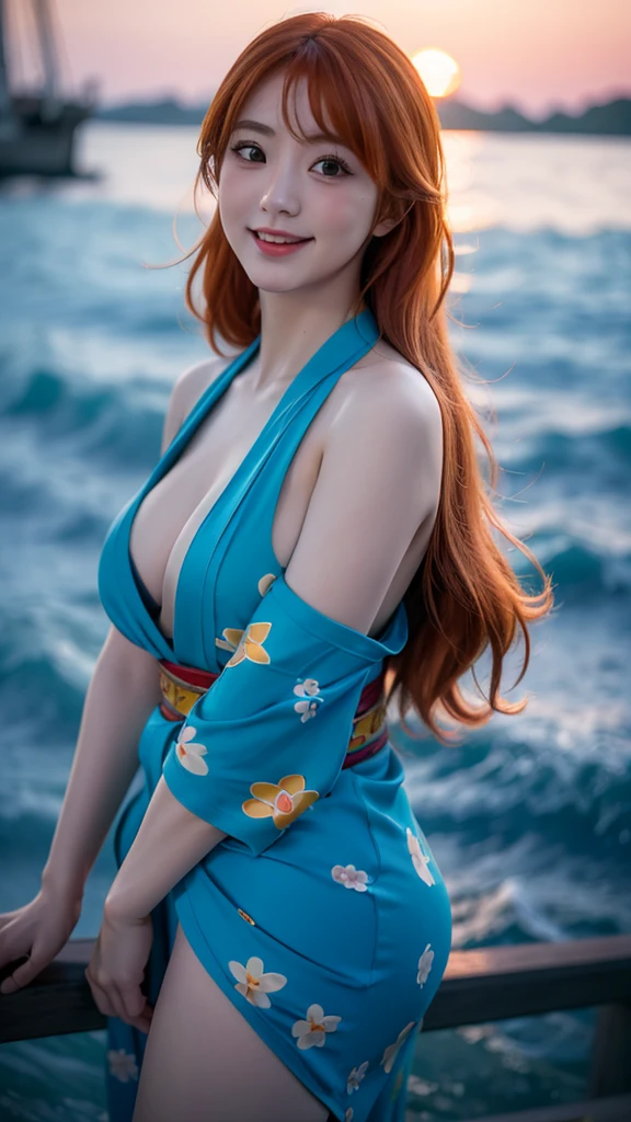 1 Girl,nami in Japanese cartoons one piece,long hair,Orange Hair,Orange eyes,beautiful,Smile,blue kimono,Sea background,Super detailed,Practical,red lips,(best quality,4k,8K,High resolution,masterpiece:1.2),Extremely detailed,(Practical,photoPractical,photo-Practical:1.37),HDR,Ultra HD,Studio Lighting,Super Fine,Clear focus,Physically Based Rendering,Extremely detailed的描述,professional,Bright colors,Bokeh,portrait,landscape,Japanese cartoons,photography,blue tint,Warm lighting