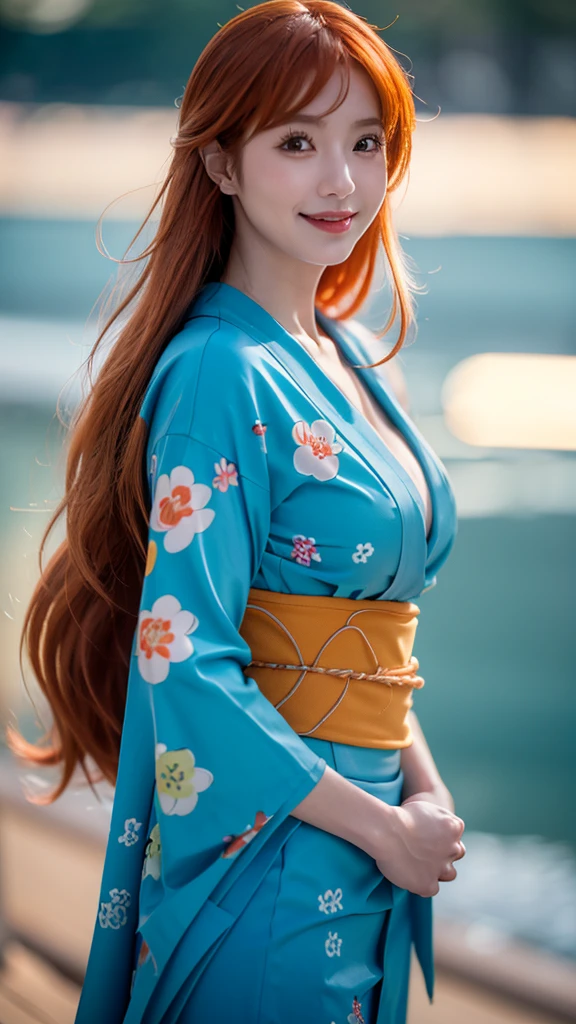 1 Girl,nami in Japanese cartoons one piece,long hair,Orange Hair,Orange eyes,beautiful,Smile,blue kimono,Sea background,Super detailed,Practical,red lips,(best quality,4k,8K,High resolution,masterpiece:1.2),Extremely detailed,(Practical,photoPractical,photo-Practical:1.37),HDR,Ultra HD,Studio Lighting,Super Fine,Clear focus,Physically Based Rendering,Extremely detailed的描述,professional,Bright colors,Bokeh,portrait,landscape,Japanese cartoons,photography,blue tint,Warm lighting