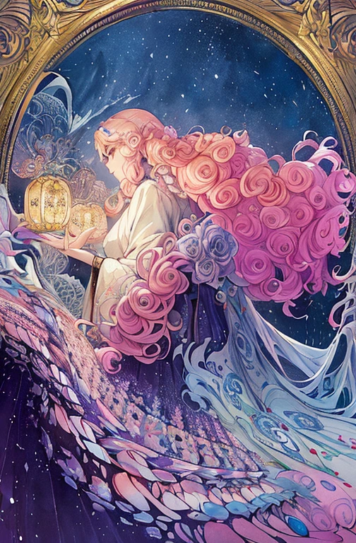 (masterpiece、highest quality、highest quality、Watercolor(curly)、Official Art、Beautiful and aesthetic:1.2)、(One Girl:1.3)、(Fractal Art:1.3)、(kimono)、((profile))、Flowers, Birds, Wind and Moon、rain、Powder Snow、slide、A Thousand Cranes、cloud、lanthanum、Starry Sky、performer、Pink Hair、Glasses、Purple Eyes、