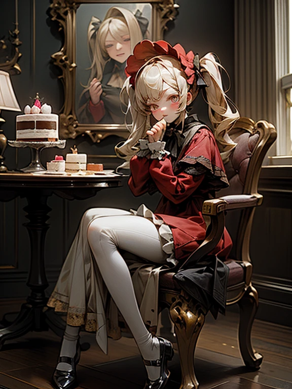 masterpiece, highest quality, Very detailed, 16k, Ultra-high resolution, Cowboy Shot, One ***************, Detailed face, Perfect Fingers, Golden Eyes, Blonde,  Original Costume, Twin tails, bonnet、Red dress、White pantyhose cup、Black shoes, Western-style building, table, Sit on a chair, Eat cake