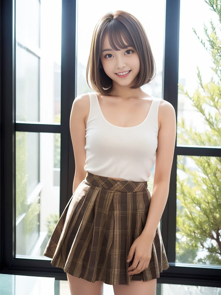 A beautiful Japanese shy girl, Age 18 years, Brown short hair, Big brown eyes, Shiny lips, shiny hair, Ecstatic expression, Wearing a white top, Plaid Mini Skirt, In front of the huge window, The background is very blurry, Lean forward