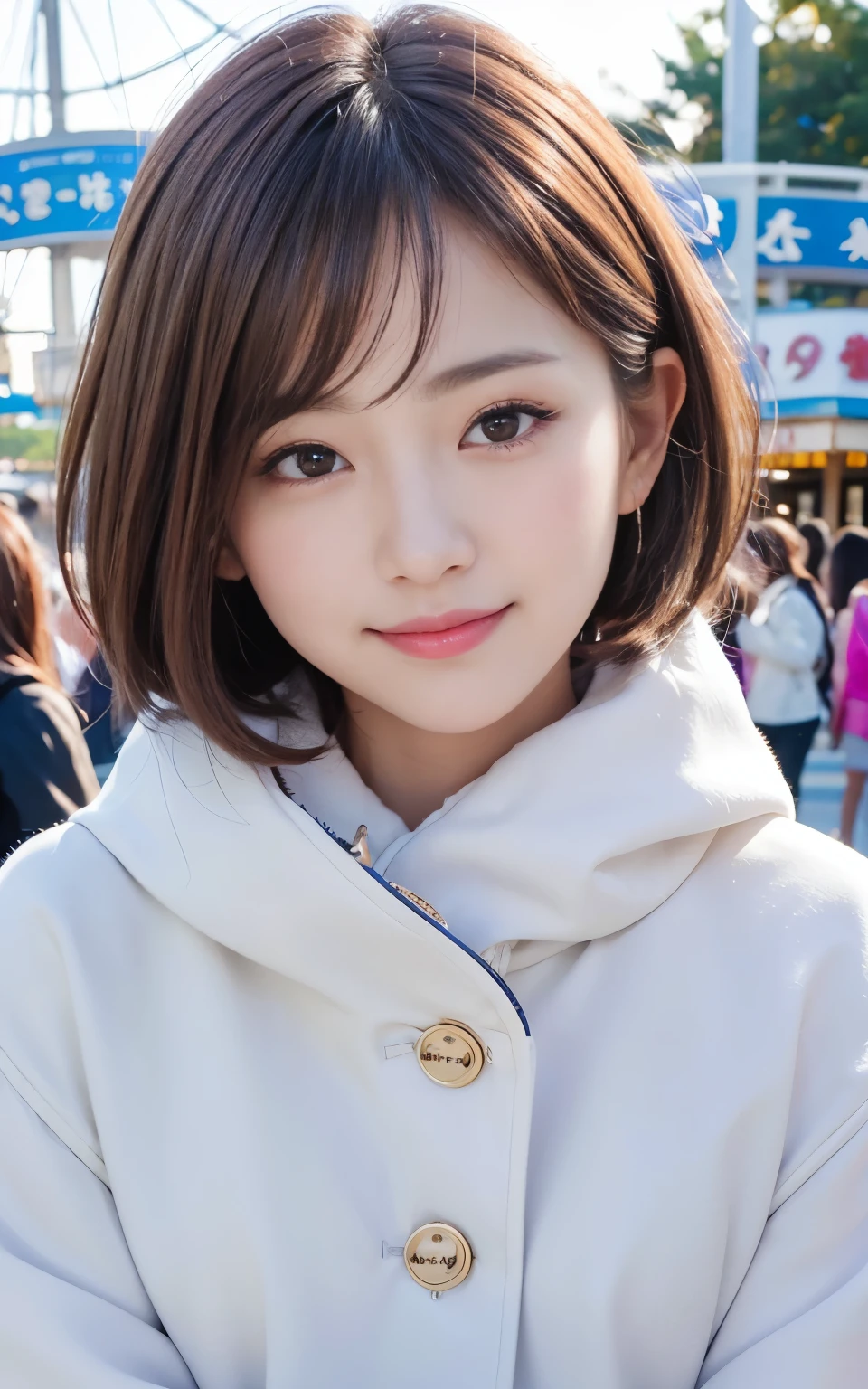 cute 21 year old japanese、amusement park、Clear skies、Light of the sun、Ferris wheel、super detail face、pay attention to details、double eyelid、beautiful thin nose、sharp focus:1.2、Beautiful woman:1.4、(light brown hair,short hair、),pure white skin、highest quality、masterpiece、ultra high resolution、(Photoreal:1.4)、Highly detailed and professional lighting、nice smile、Show the whole body、Cute winter clothes、