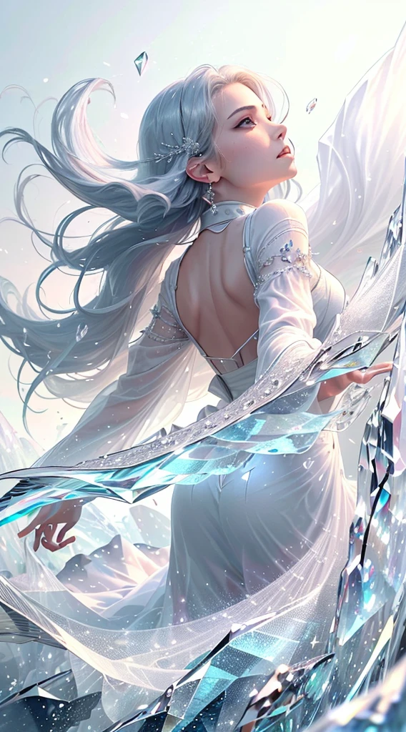 (masterpiece, Top quality, the best, Official Art, beautiful and aesthetic, Long-term contact: 1.2), Smooth movement, Charming Pattern, 1 girl, (Long dress with sleeves: 1.3), (((White clothes) )), Upper Body close-up, Bare shoulders, Chinese Girl, blush, Black Bob Hairstyle, portrait, Solitary, Upper Body, Looking at the observer, Detailed background, Delicate face, (crystallized aluminum, Crystal Theme:1.1), Elemental Wind Spirit, Swirling wind, Control the wind, White crystal clothing, Dynamic poses, Floating particles, ethereal dynamics, whirlwind, steam, whirlwind in the background, White tones, whirlwind, Ethereal atmosphere,