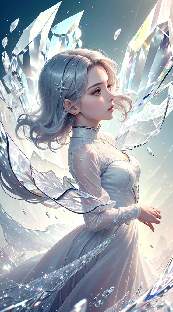 (masterpiece, Top quality, the best, Official Art, beautiful and aesthetic, Long-term contact: 1.2), Smooth movement, Charming Pattern, 1 girl, (Long dress with sleeves: 1.3), (((White clothes) )), Upper Body close-up, Bare shoulders, Chinese Girl, blush, Black Bob Hairstyle, portrait, Solitary, Upper Body, Looking at the observer, Detailed background, Delicate face, (crystallized aluminum, Crystal Theme:1.1), Elemental Wind Spirit, Swirling wind, Control the wind, White crystal clothing, Dynamic poses, Floating particles, ethereal dynamics, whirlwind, steam, whirlwind in the background, White tones, whirlwind, Ethereal atmosphere,