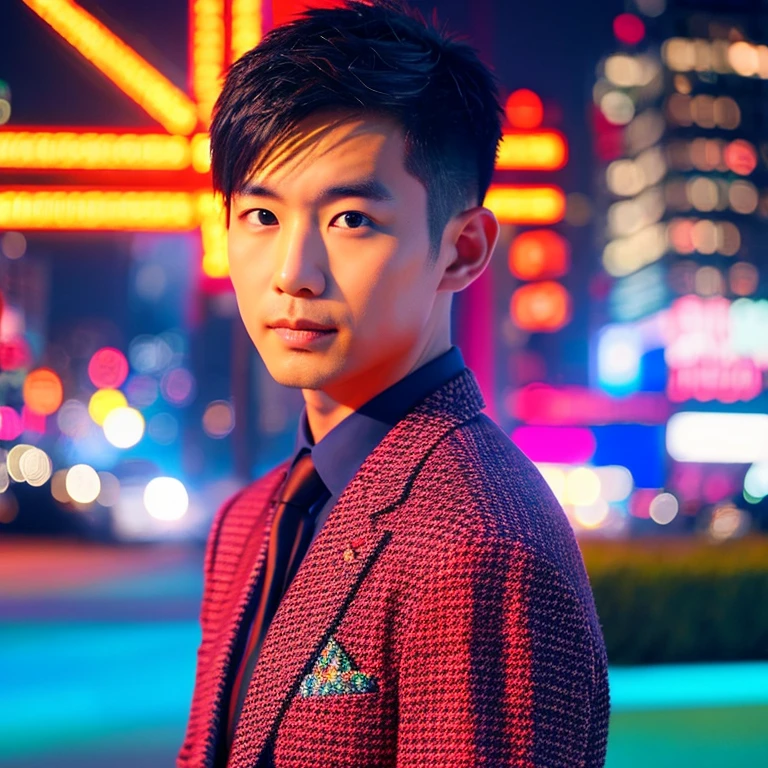 Young Asian man, 35 years old, with short mohawk hair., ใส่suitสีน้ำเงิน ใส่suitสีน้ำเงินเข้มเน็คไทสีดำ,Look straight at the camera intently ,((suit)), (handsome, sharp) , park, Detailed background, Modern cities, 16k photos, Shot with the highest quality, most modern Fuji camera 45,000,000 Chili peppers with light cells are too beautiful to be true.,