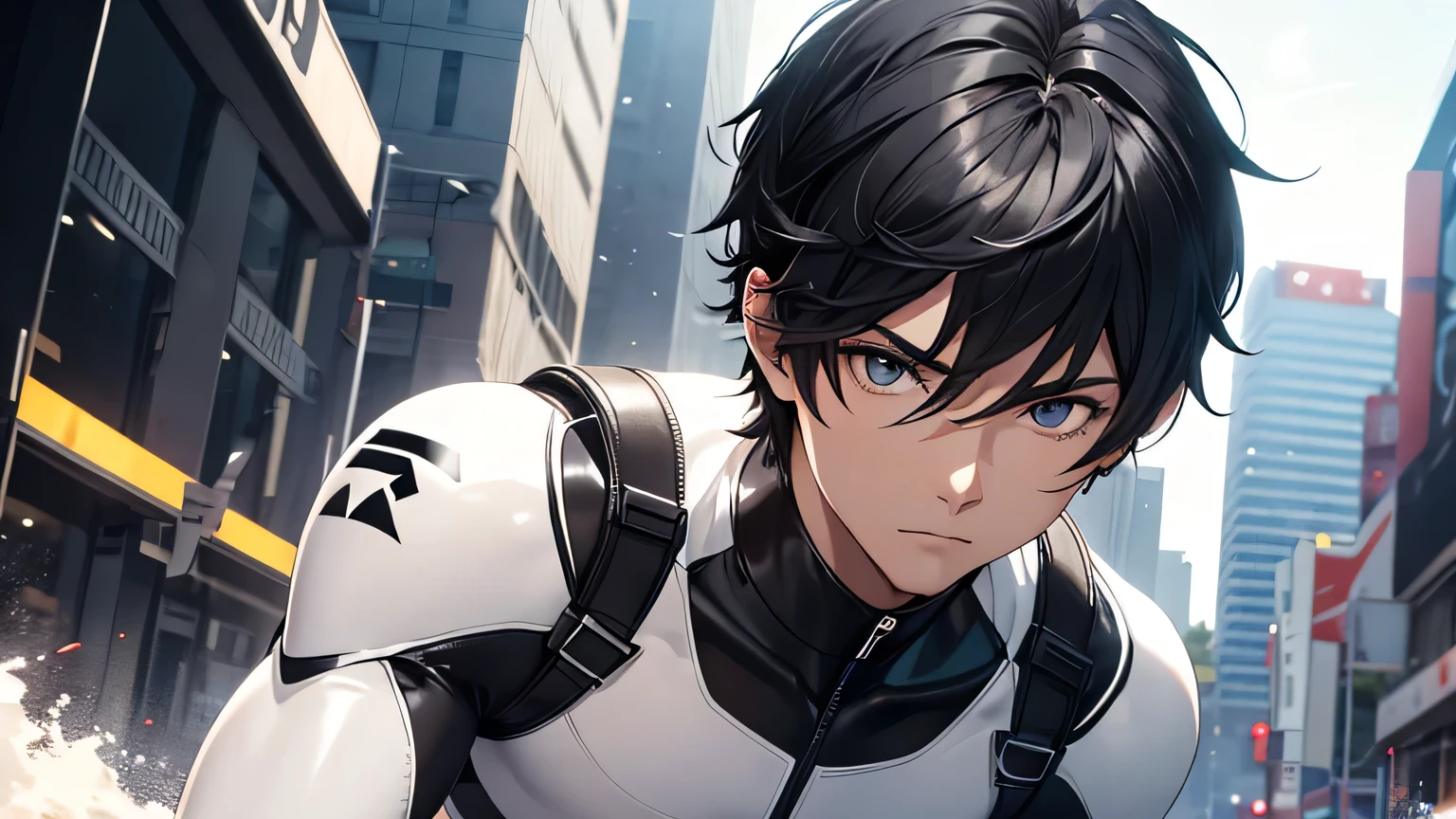 Handsome Men Fierce Short cut Very very short black hair Age 25 White tight rubber suit Bulge gloves White tight rubber suit Future universe Black Hair looking at the camera up Blue Earth seen from the universe in the background