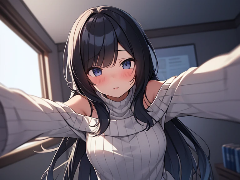 Masterpiece, Top quality, View from the ground ,kabedon pov, 1 beautiful girl, solo, 1boy and 1girl, The girl looks down, she covers him, black hair, long hair, wave hair,15 year old, medium breasts, standard weight,  (Off-the-shoulder sweater:1.3), imminent kiss blush :1.5, (beautiful scene of ceiling) ,close up of face,  (reaching out her arms :1.2), Hanging hair affected by gravity