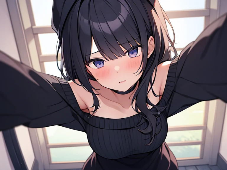 Masterpiece, Top quality, View from the ground ,kabedon pov, 1 beautiful girl, solo, 1boy and 1girl, The girl looks down, she covers him, black hair, long hair, wave hair,15 year old, medium breasts, standard weight,  (Off-the-shoulder sweater:1.3), imminent kiss blush :1.5, (beautiful scene of ceiling) ,close up of face,  (reaching out her arms :1.2), Hanging hair affected by gravity