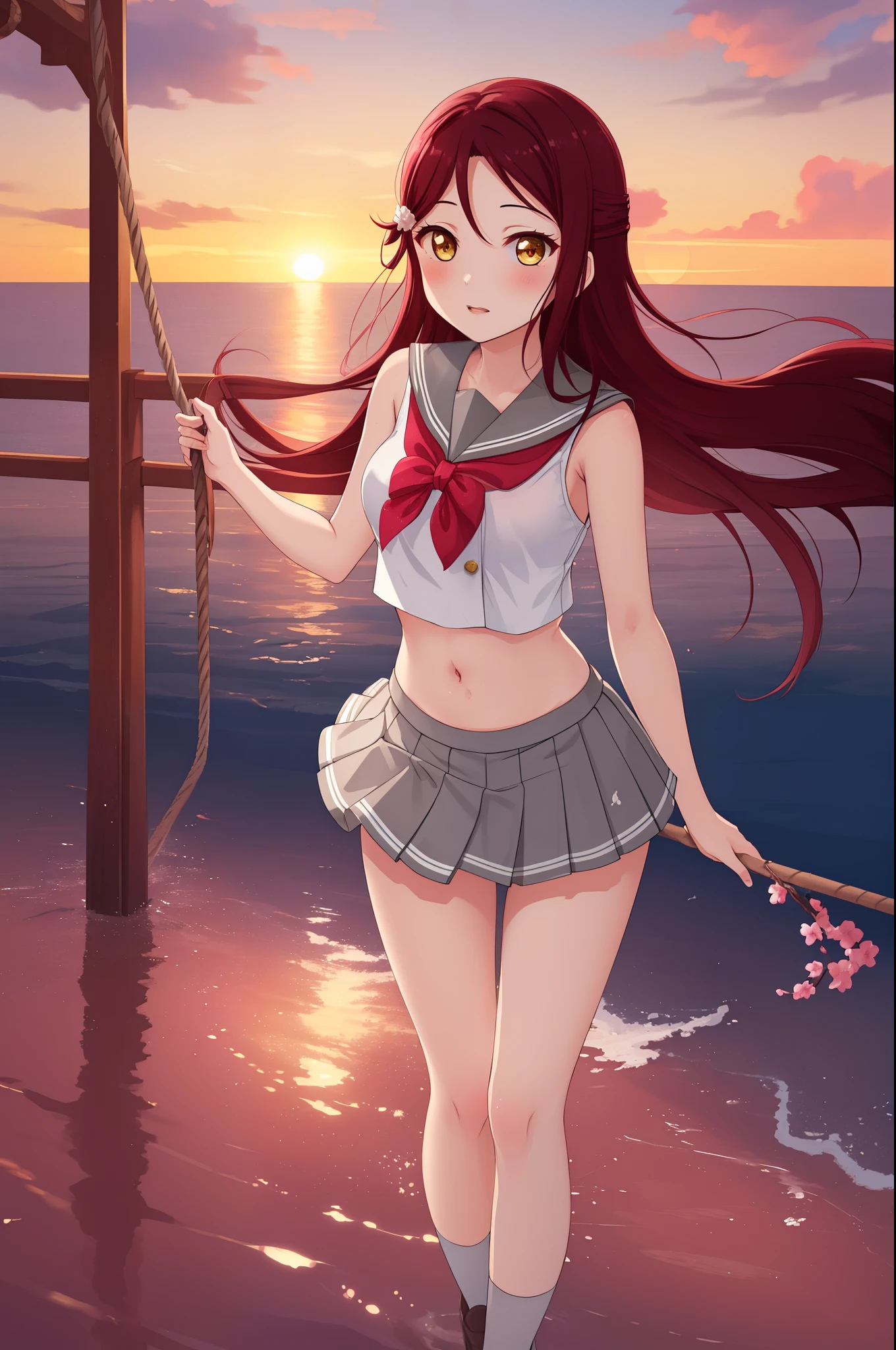 Masterpiece,best quality,Solo, cowboy shot,Sakurauchi riko, long hair, blush,love scene, skirt, sleeveless, pleated skirt, standing, serafuku, grey skirt, uranohoshi ,navel,thicc thighs ,sea in background, sunset time , floating skirt