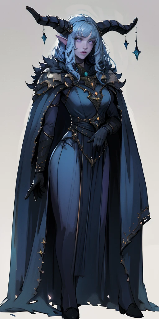 (plain background) full body looking to viewer standing straight symmetrical against contrapposto, best quality, (masterpiece),(ultra-detailed), (high quality), (high resolution),1girl, aurora atria, bangs, bare arms, blue dress, bow, crescent, crescent hair ornament, curled horns, dress,  fur trim, grey hair, hair ornament, horns,  purple eyes, sheep horns, simple background, upper body, white gloves,cape, star hair ornament,