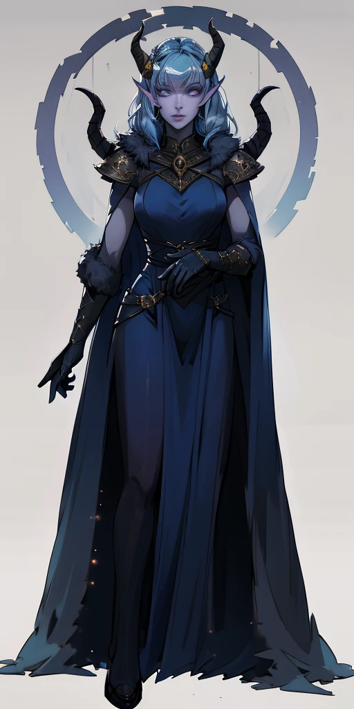 (plain background) full body looking to viewer standing straight symmetrical against contrapposto, best quality, (masterpiece),(ultra-detailed), (high quality), (high resolution),1girl, aurora atria, bangs, bare arms, blue dress, bow, crescent, crescent hair ornament, curled horns, dress, fur trim, grey hair, hair ornament, horns, purple eyes, sheep horns, simple background, upper body, white gloves,cape, star hair ornament,