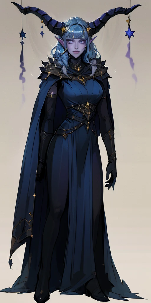(plain background) full body looking to viewer standing straight symmetrical against contrapposto, best quality, (masterpiece),(ultra-detailed), (high quality), (high resolution),1girl, aurora atria, bangs, bare arms, blue dress, bow, crescent, crescent hair ornament, curled horns, dress,  fur trim, grey hair, hair ornament, horns,  purple eyes, sheep horns, simple background, upper body, white gloves,cape, star hair ornament,