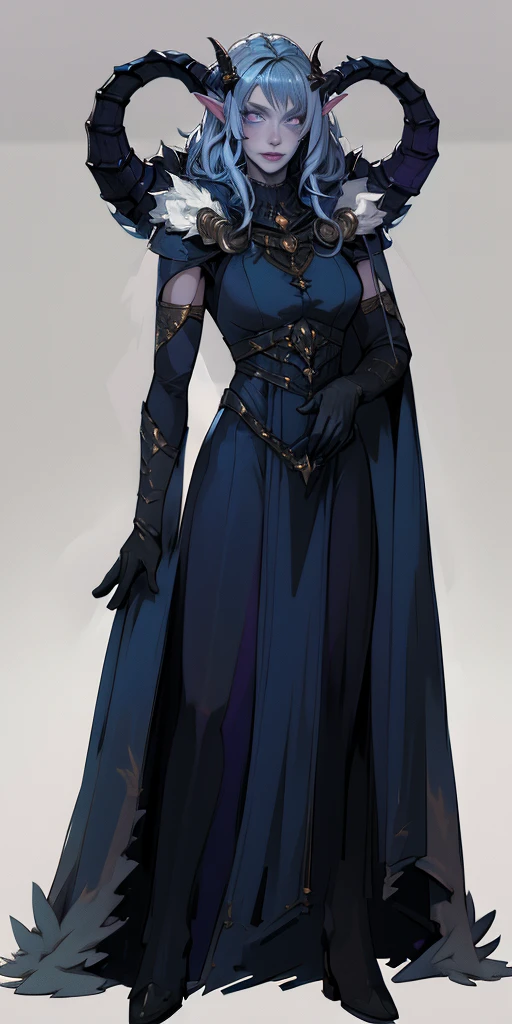 (plain background) full body looking to viewer standing straight symmetrical against contrapposto, best quality, (masterpiece),(ultra-detailed), (high quality), (high resolution),1girl, aurora atria, bangs, bare arms, blue dress, bow, crescent, crescent hair ornament, curled horns, dress, fur trim, grey hair, hair ornament, horns, purple eyes, sheep horns, simple background, upper body, white gloves,cape, star hair ornament,