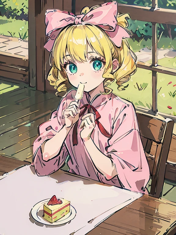 masterpiece, highest quality, Very detailed, 16k, Ultra-high resolution, Cowboy Shot, One 9-year-old girl, Detailed face, Perfect Fingers, Blonde, hair bow, ribbon, drill hair, green eyes, short hair, pink dress,white bloomers, white pantyhose, hinaichigo, Western-style building, table, Sit on a chair, Eat cake