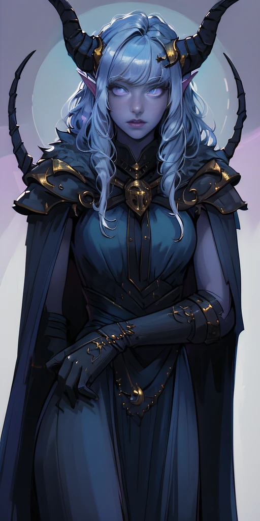 best quality, (masterpiece),(ultra-detailed), (high quality), (high resolution),1girl, aurora atria, bangs, bare arms, blue dress, bow, crescent, crescent hair ornament, curled horns, dress, fur trim, grey hair, hair ornament, horns, purple eyes, sheep horns, simple background, upper body, white gloves,cape, star hair ornament,