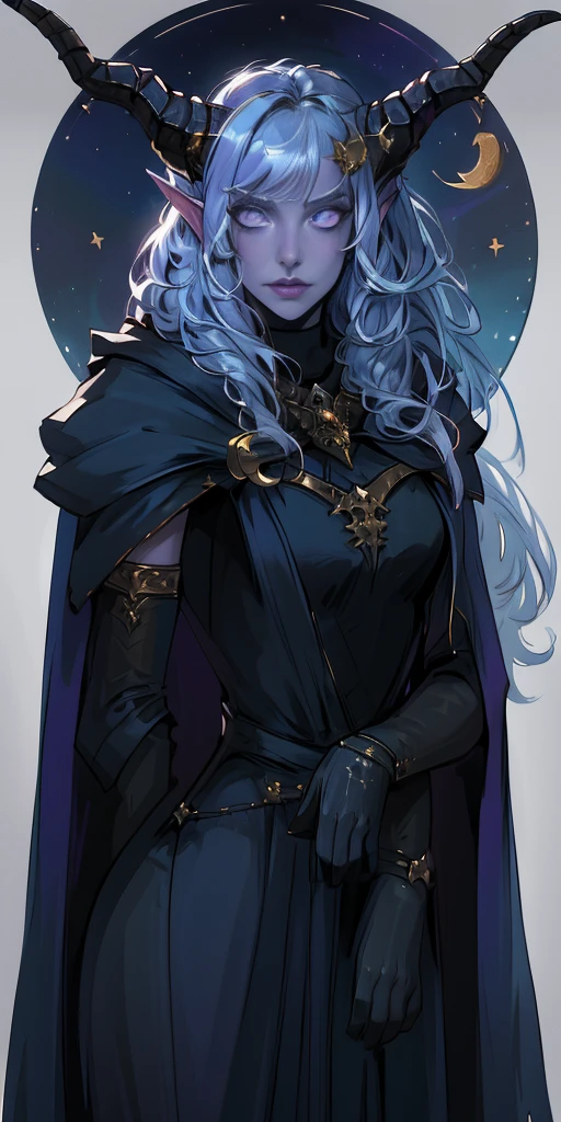 best quality, (masterpiece),(ultra-detailed), (high quality), (high resolution),1girl, aurora atria, bangs, bare arms, blue dress, bow, crescent, crescent hair ornament, curled horns, dress, fur trim, grey hair, hair ornament, horns, purple eyes, sheep horns, simple background, upper body, white gloves,cape, star hair ornament,
