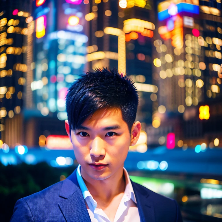 Young Asian man, 35 years old, with short mohawk hair., ใส่suitสีน้ำเงิน ใส่suitสีน้ำเงินเข้มเน็คไทสีดำ,Look straight at the camera intently ,((suit)), (handsome, sharp) , park, Detailed background, Modern cities, 16k photos, Shot with the highest quality, most modern Fuji camera 45,000,000 Chili peppers with light cells are too beautiful to be true.,