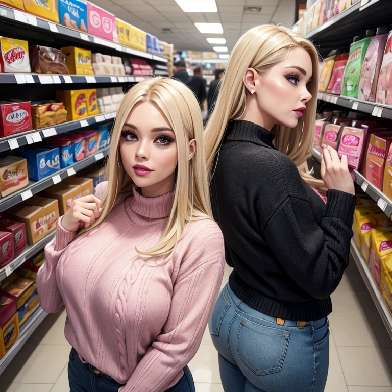 Woman blonde straight hair black roots brown eyes big eyelashes pink lips pink wool sweater blue jeans in supermarket 