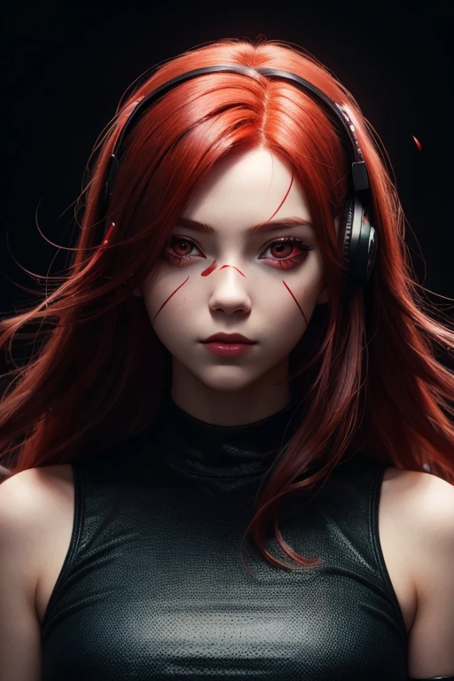 girl with long red hair, red eyes, futuristic vibes, mask on mouth, headphones, 8k, high quality, simple background, glowing eyes, nice pose