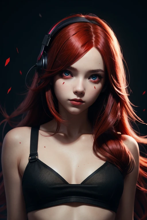 girl with long red hair, red eyes, futuristic vibes, mask on mouth, headphones, 8k, high quality, simple background, glowing eyes, nice pose