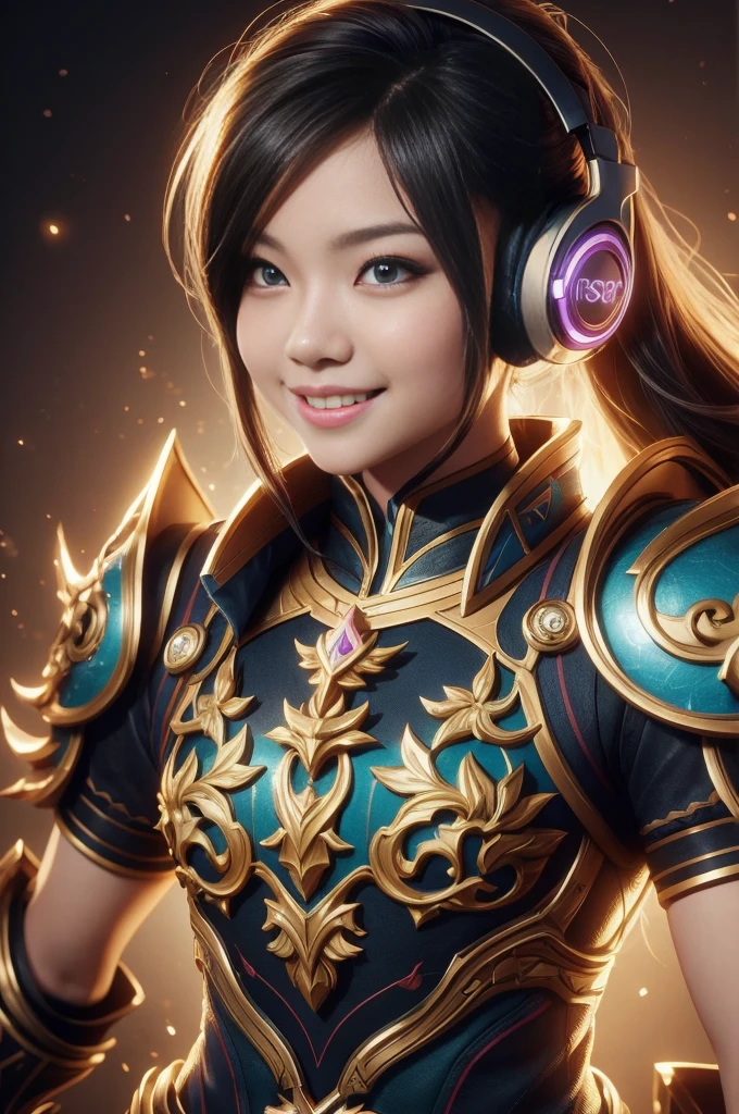 Close-up:A smiling girl with headphones, 8k type germ bokeh, rossdraws Global Illumination, League of Legends Characters, stanley type germ lau, extremely detailed type germ, style type germ, Ross trans style, IG Model | type germ, rossdraws cartoon vitality, type germ lau, trending type germ
