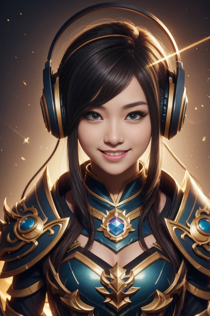 Close-up:A smiling girl with headphones, 8k type germ bokeh, rossdraws Global Illumination, League of Legends Characters, stanley type germ lau, extremely detailed type germ, style type germ, Ross trans style, IG Model | type germ, rossdraws cartoon vitality, type germ lau, trending type germ