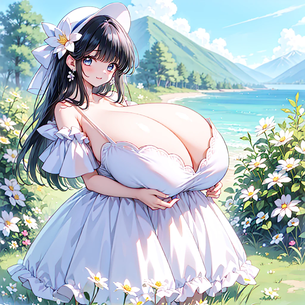 NSFW,a female cartoon character with big breasts looks at viewers in her floral dress, 1girl, solo, flower, underwear, breasts, blue eyes, outdoors, hair ornament, black hair, bra, hat, jewelry, looking at viewer, earrings, long hair, bangs, hair flower,see-through