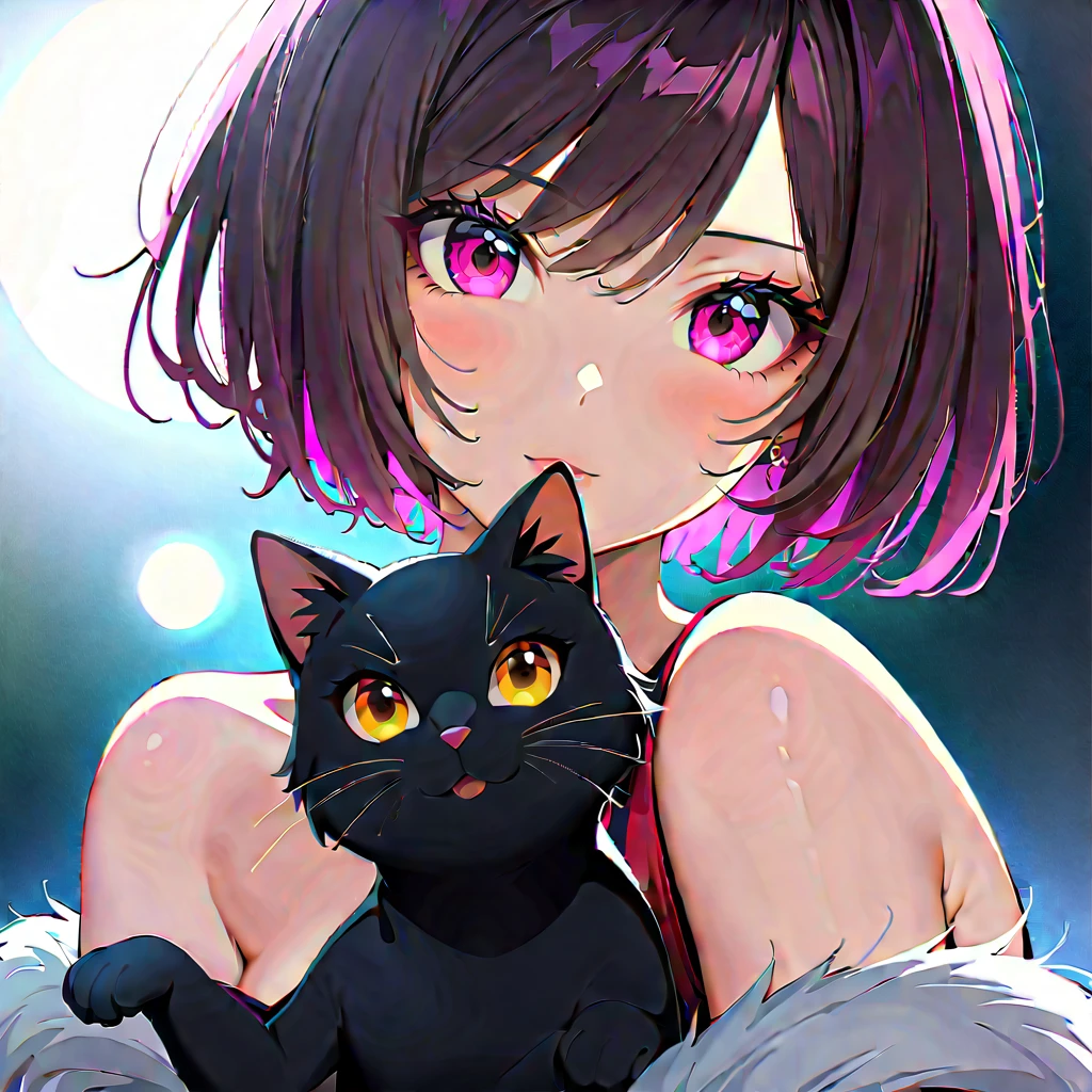 (best quality,4k,8k,highres,masterpiece:1.2),ultra-detailed,(realistic,photorealistic,photo-realistic:1.37),black cat with glowing eyes,beautiful detailed eyes,beautiful detailed lips,extremely detailed eyes and face,long eyelashes,medium:oil painting,sparkling fur,shadowy garden,full moon lighting,enchanted atmosphere