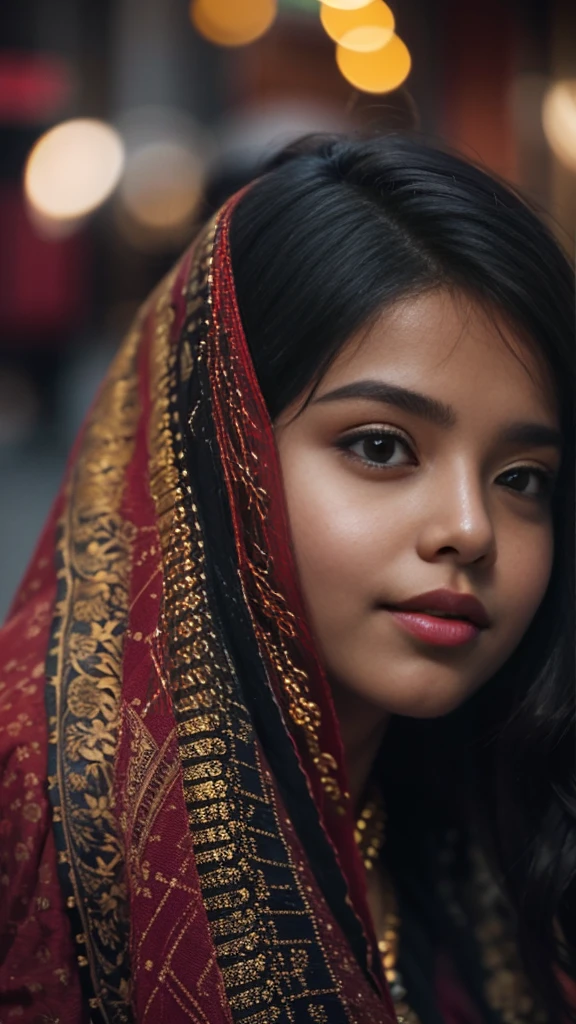 (((Indian girl))), Chubby cheeks, Natural skin, Wearing a hot deep neck top and shawl, Attractive black hair, ((The ends of the hair are golden)), City street background, Bokeh
