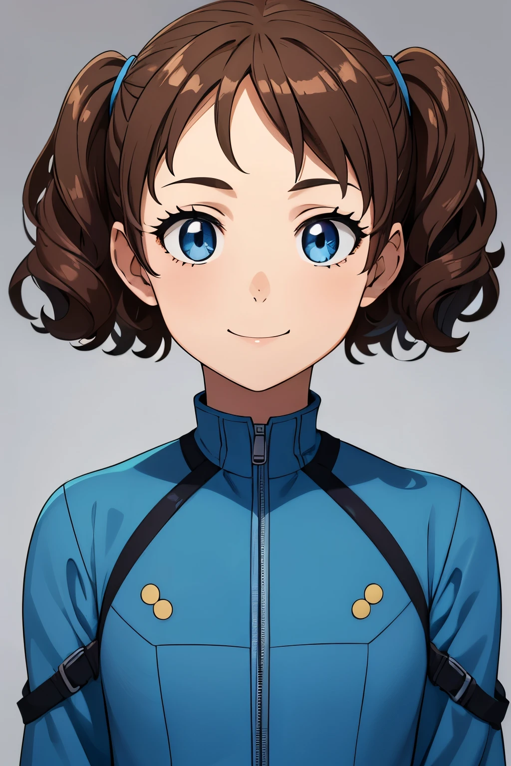 (high-quality, breathtaking),(expressive eyes, perfect face) 1girl, female, solo, portrait,  8, adolescent age, short height, small frame, Symmetrical Eyes, brown hair color, short hair length, wavy curly hair, upper body, blue eyes, positive expression, childlike face, cute smile, detailed eyes, fallout series, grey background, blue vault jumpsuit, blue jumpsuit fallout, hair between eyes, blue ribbons and pigtails