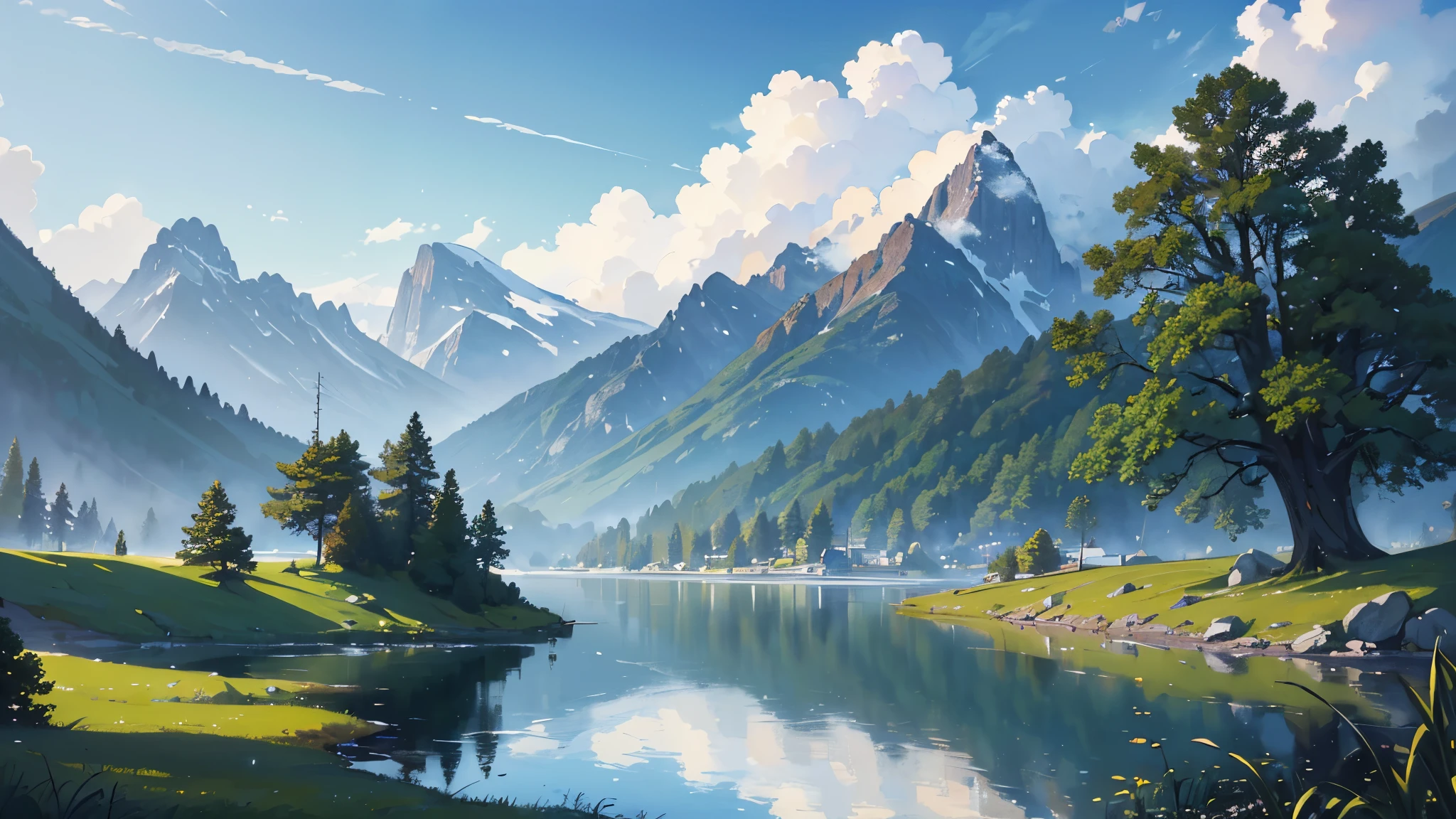(highest quality、High resolution、masterpiece)、(Anime background art 4k)、((Landscape painting)), ((no humans)), (Realistic)、(Adventure Story)、Cinema Lighting、Ray Tracing、Soft Light、Scandinavian lake and mountains on a foggy morning々Scenery of、outside of home、Nice views、Lake and mountains in the distant background々、(Sargent-style watercolor)、(Edmund Leighton Style)、