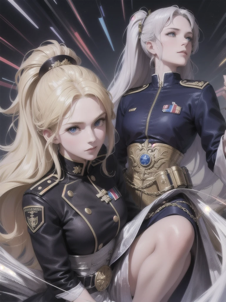 (masterpiece, absurd, High resolution, Super detailed), 1 person, blonde wavy hair, blue eyes, Ponytail, Perfect face, Male focus, Female Lover, flat chest, Convex, Hermaphroditic, Detailed eyes and face, Smile, Wearing velvet black military uniform,With silver decoration, High boots, Caesar Empire Style, Sci-fi background, space opera, Legend of the Galactic Heroes, Military division, full-body shot, Intricate details, lightning, Depth of Field, Action packed, Action Shots, Cowboy shooting