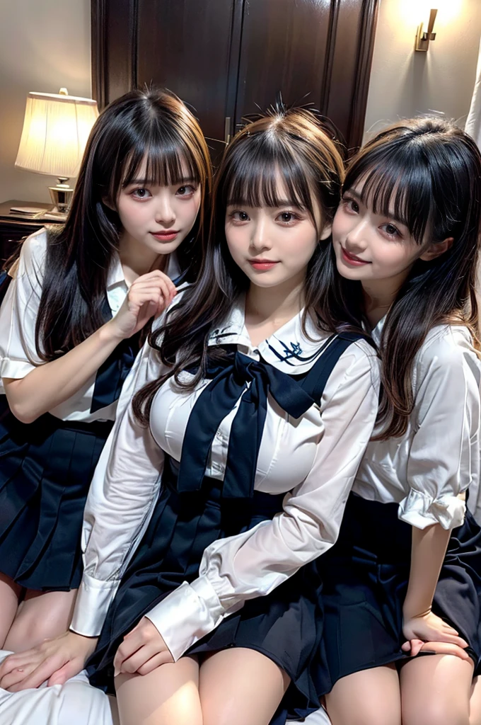 ((Four schoolgirls sitting on bed,Sit across from me,Look at me affectionately fascinated、Enraptured look,Trance,Everyone sees the camera perfectly,1 beautiful girl who is half Spanish,a blond,Brown hair,A dark-haired,photoRealstic,Luxury hotel bed taken from the lap,Same uniform,japanese,4 schoolgirls,Play with each other,Touching each other's bodies,Touching the body of the girl next door,4 Close contact,Very hilarious pose)),(Navy blue skirt in a sailor suit、Red ribbon and white shirt,Same ,(large full breasts,very huge round breasts),Beautiful makeup,glitter makeup,Cutest 18 years old)),((Realistic lighting,during daytime,The background is a luxury hotel room,A detailed face,perfect teeth,White teeth,finerly detailed face,Beautiful face,an ecstatic look on one's face,Perfect fingers,Accurate 5 fingers,high-definition RAW color photography, professional photograpy, extremely delicate and beautiful, Extremely detailed,finely detail, Huge file size,Top image quality,8K))