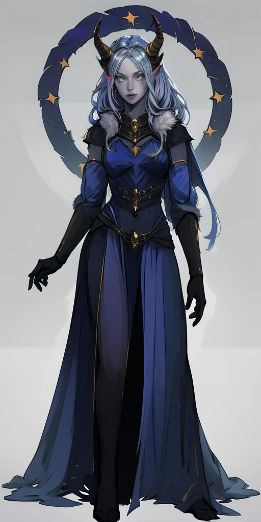 full body looking to viewer standing straight symmetrical against contrapposto yellow tiger print BIKINI stockings sleeves, hands on waist hips, navel, (grey eyes:1.5) grey long hair, best quality, (masterpiece),(ultra-detailed), (high quality), (high resolution),1girl, aurora atria, bangs, bare arms, blue dress, bow, crescent, crescent hair ornament, curled horns, dress, fur trim, grey hair, hair ornament, horns, purple eyes, sheep horns, simple background, upper body, white gloves,cape, star hair ornament,