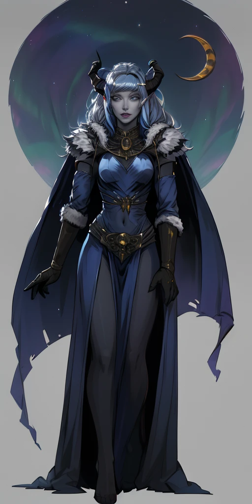 full body looking to viewer standing straight symmetrical against contrapposto yellow tiger print BIKINI stockings sleeves, hands on waist hips, navel, (grey eyes:1.5) grey long hair, best quality, (masterpiece),(ultra-detailed), (high quality), (high resolution),1girl, aurora atria, bangs, bare arms, blue dress, bow, crescent, crescent hair ornament, curled horns, dress,  fur trim, grey hair, hair ornament, horns,  purple eyes, sheep horns, simple background, upper body, white gloves,cape, star hair ornament,