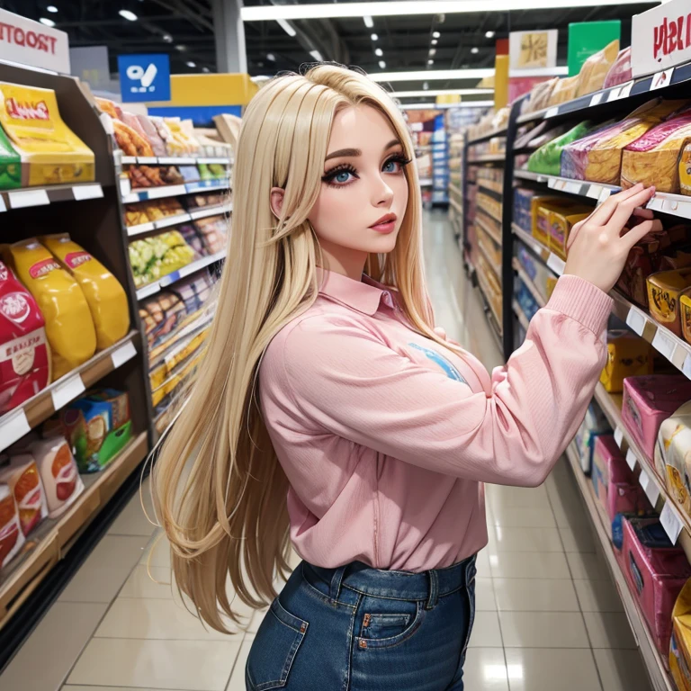 Woman blonde straight hair black roots brown eyes big eyelashes lips flannel long sleeve pink blue jeans in supermarket