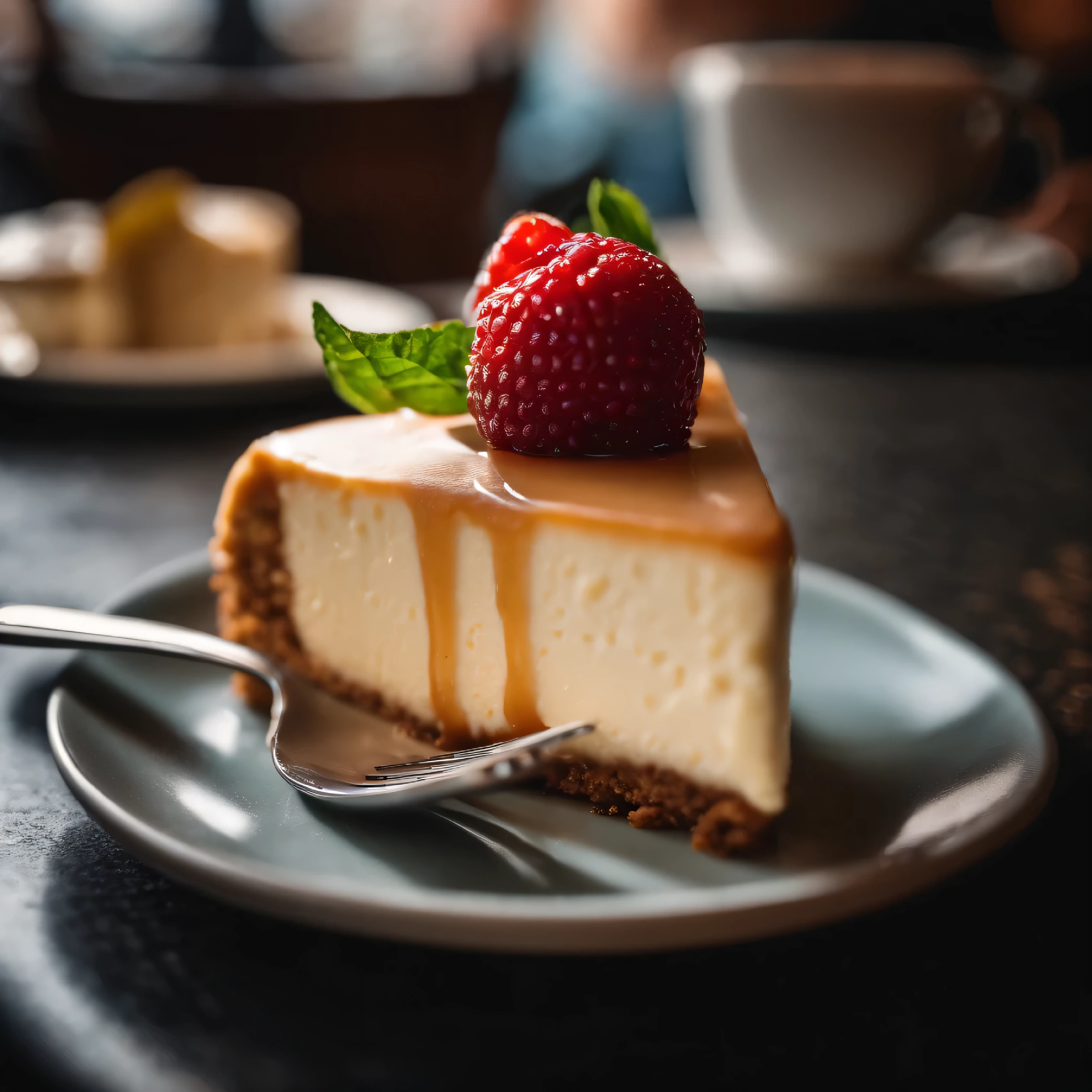 A top to bottom close-up view   .                             One plate with a cheesecake which is plated in a street cafe  which is shooted on a Vivo phone