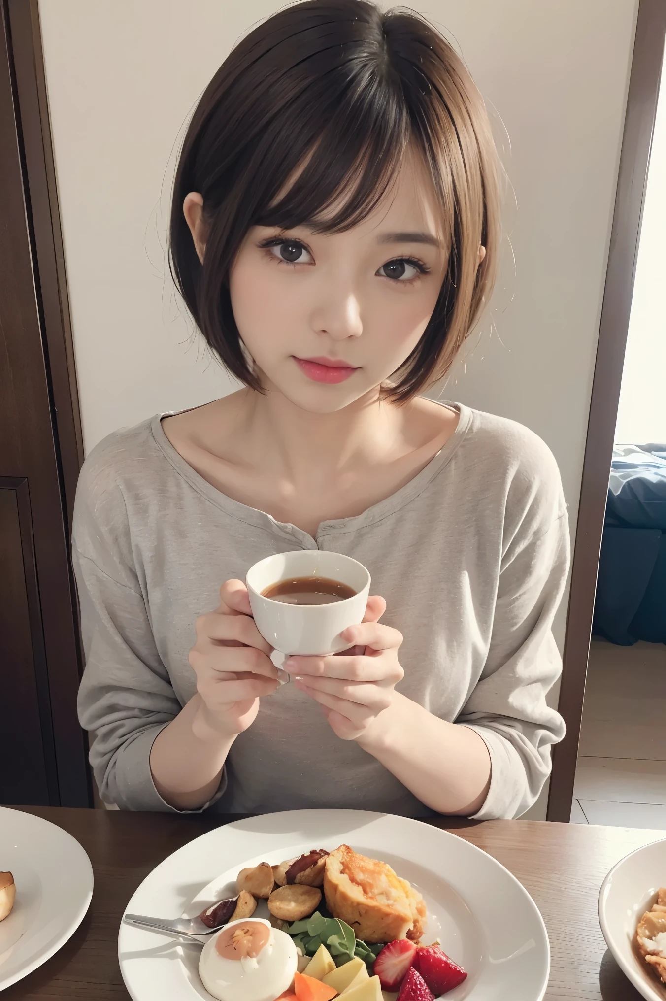 Cute 21 years old Japan、kitchin、cuisine、s Pajamas、Super Detail Face、Eye of Detail、double eyelid、beautiful thin nose、sharp focus:1.2、prety woman:1.4、(light brown hair,Shortcut Hair, ),fair white skin、top-quality、​masterpiece、超A high resolution、(Photorealsitic:1.4)、breakfast、