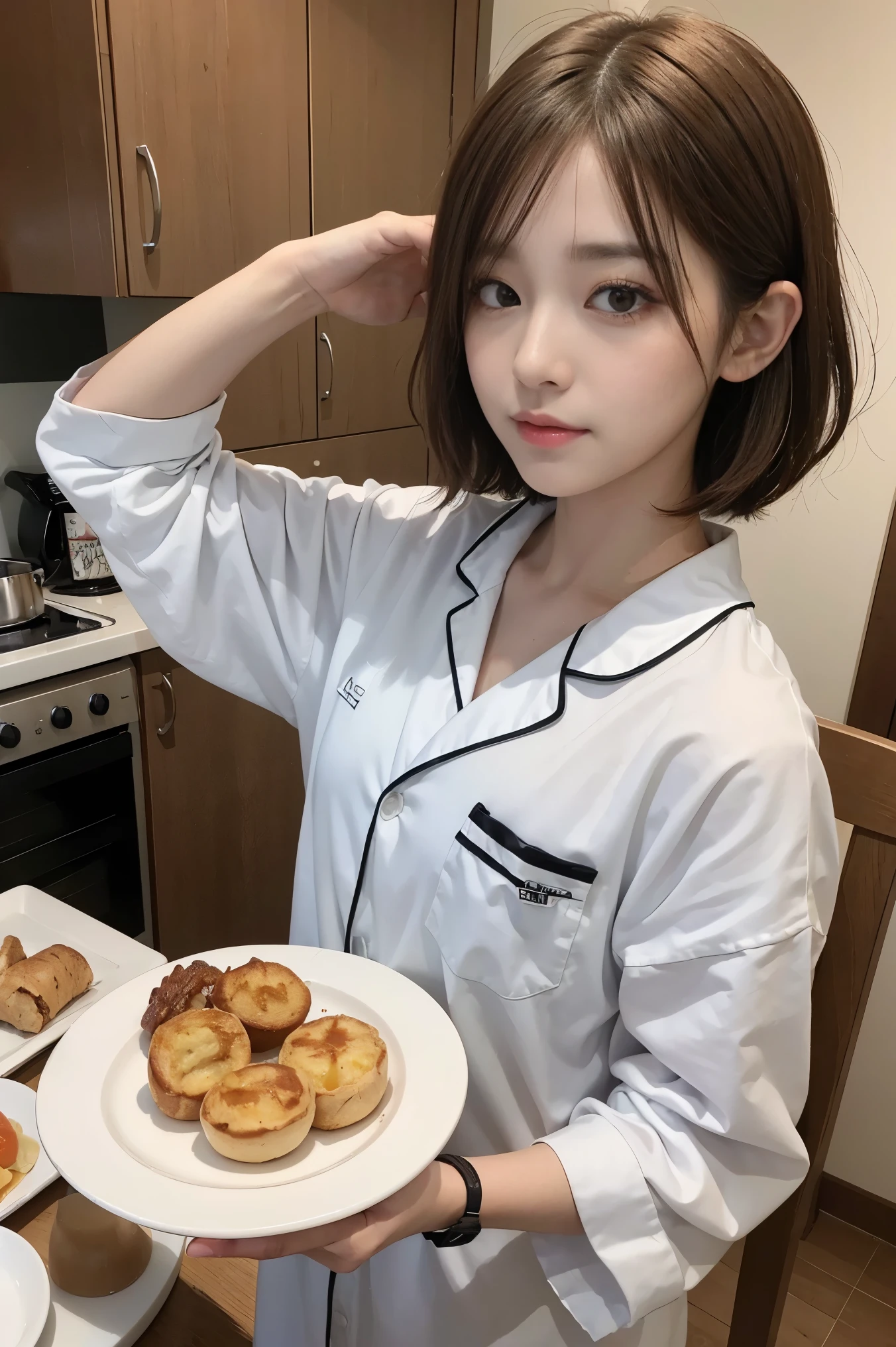 Cute 21 years old Japan、kitchin、cuisine、s Pajamas、Super Detail Face、Eye of Detail、double eyelid、beautiful thin nose、sharp focus:1.2、prety woman:1.4、(light brown hair,Shortcut Hair, ),fair white skin、top-quality、​masterpiece、超A high resolution、(Photorealsitic:1.4)、breakfast、