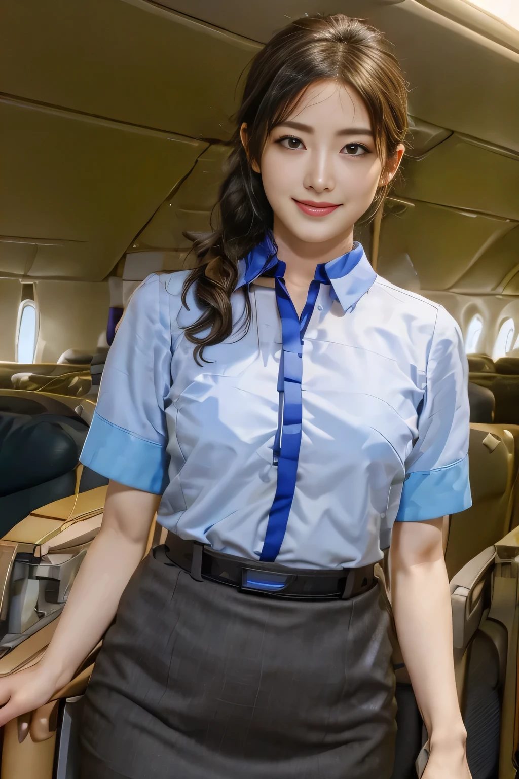 (ANA cabincrew uniform)、(Short sleeve light blue blouse)、(Scarf around the neck)、(Long hair updo、Chignon)、25Old Japanese woman、smile