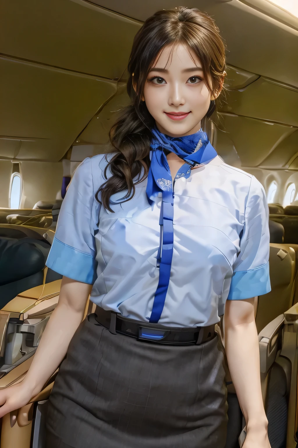 （ANA cabincrew uniform）、（Short sleeve light blue blouse）、（Scarf around the neck）、（Long hair updo、Chignon）、２５Old Japanese woman、smile