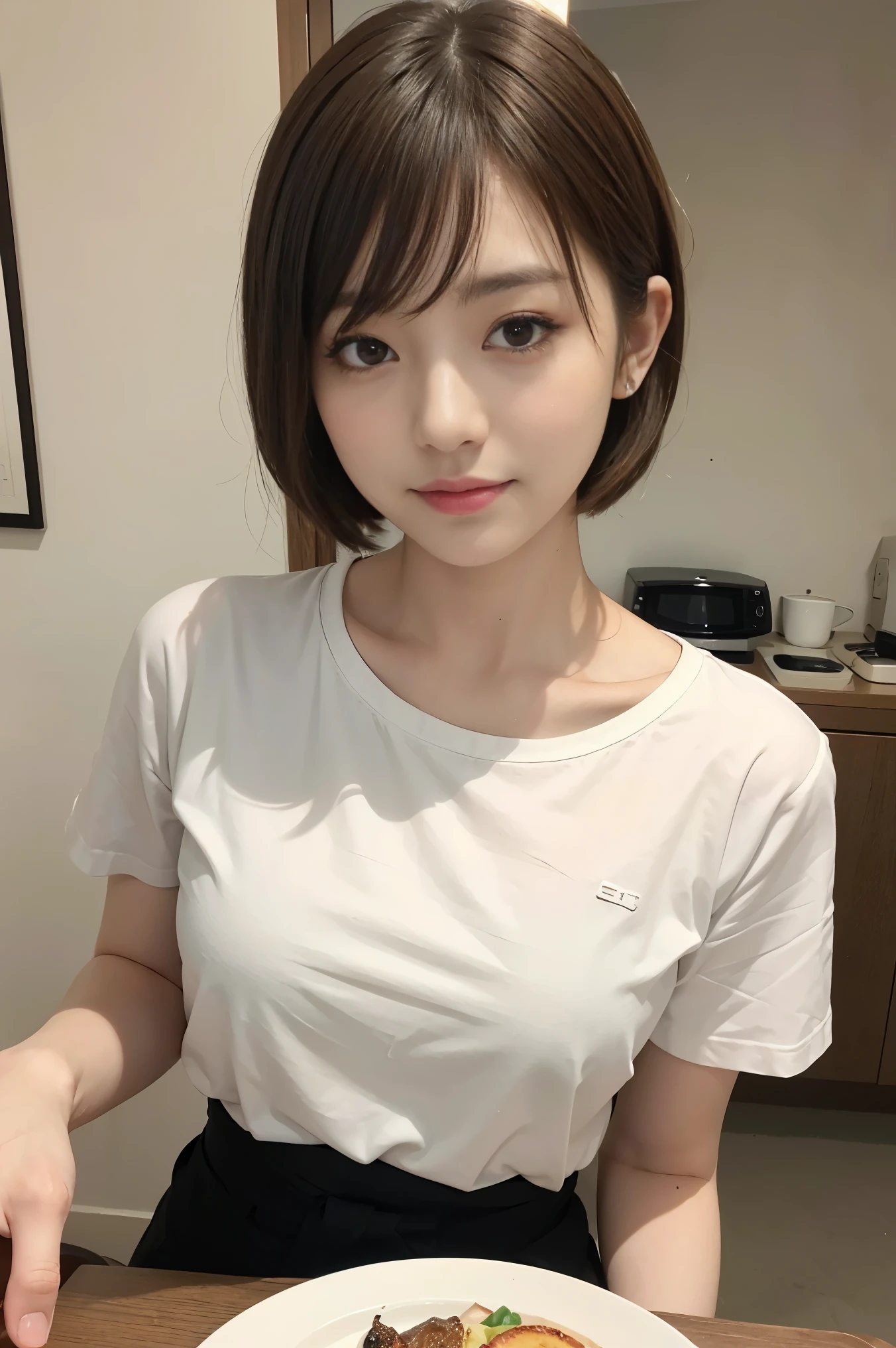 Cute 21 years old Japan、kitchin、cuisine、T-Shirts、Super Detail Face、Eye of Detail、double eyelid、beautiful thin nose、sharp focus:1.2、prety woman:1.4、(light brown hair,Shortcut Hair, ),fair white skin、top-quality、​masterpiece、超A high resolution、(Photorealsitic:1.4)、breakfast、