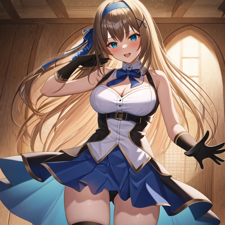 (masterpiece, best quality:1.2), 1girl, solo, blond hair, blue hairband, blue hair ribbon on the left, black gloves, knight skirt