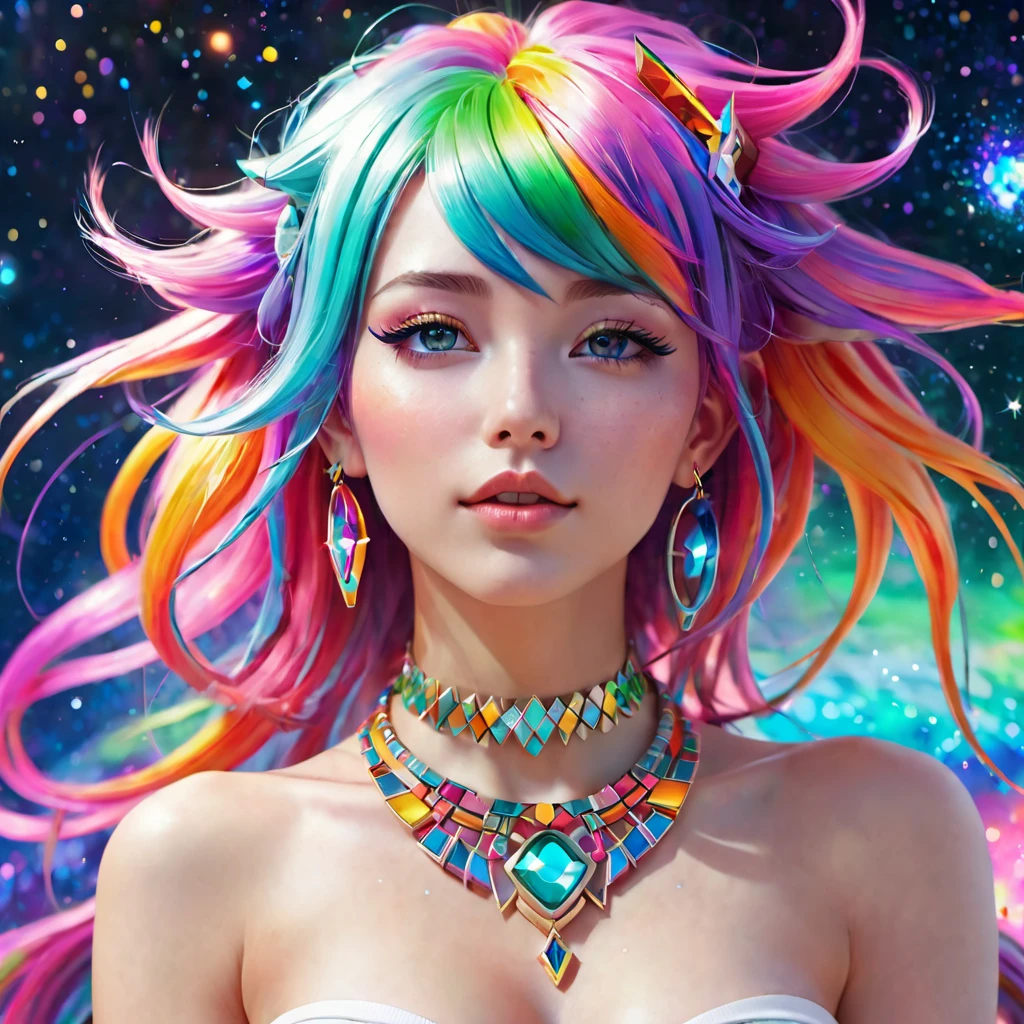 Close-up of a topless woman with colorful hair and necklace, anime girl with cosmic hair, Rossdraws' soft vitality, Gouvez style artwork, fantasy art style, colorful], vibrant fantasy style, Rossdraws cartoon full of vitality, cosmic and colorful, Guweiz, colorful digital fantasy art, stunning art style, beautiful anime style, white skin, subtle