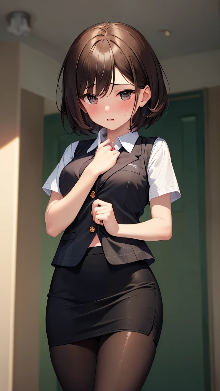 (black pantyhose:1.3), Ultra-detailed finish、(High resolution、highest quality)、Masterpiece、Ultra-detailed beautiful faces、Beautiful dark eyes、(bank teller, bow, short sleeves, black pantyhose, pencil skirt)、(Checked vest:1.2), Very cute beautiful girl、18-year-old、(Inner thighs、Are standing)、Slim and long beautiful legs、(embarrassed, Turn away:1.4), (Look down:1.5), brown hair, messy hair, short hair, indoor, erect nipples, (pussy juice)
